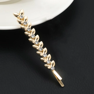 Elegant gold leaf wheat hair clip with sparkling white rhinestones for women