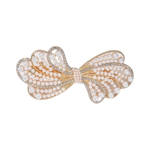 Barrette nœud dorée élégante avec perles blanches et strass brillants pour femmes