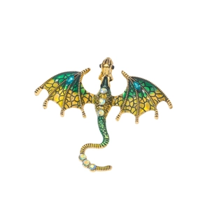 Vintage gold flying dragon brooch with green enamel wings and sparkling rhinestones