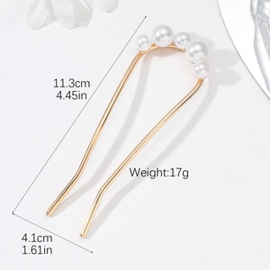 Elegant U-shaped hair pin in gold metal with gradient pearls, 11.3cm size measurement
