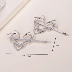 Retro silver tribal heart metal hair clips set with detailed size dimensions