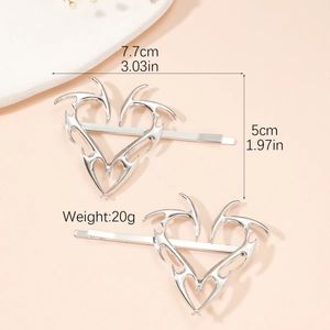 Barrettes cœur en argent style gothique minimaliste en métal, ensemble de 2 pièces