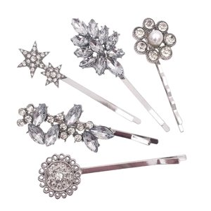 Five-piece silver hair clip set featuring rhinestones with stars and flowers