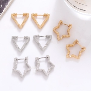 Geometric Copper Hoop Stud Earrings For Women Triangle Star Textured Gold Silver Electroplated Fashion Earrings Jewelry
