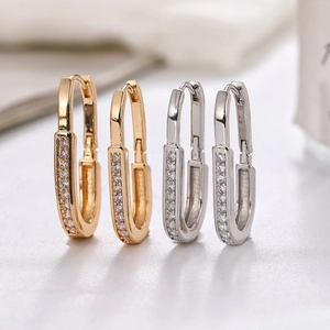Geometric U-Shaped Zirconia Inlaid Copper Hoop Earrings With Stainless Steel Earring Post Elegant Minimalist Jewelry For Women