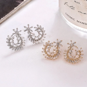Elegant leaf wreath earrings with sparkling zircon stones in gold and silver finish
