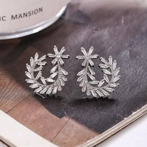 Elegant silver leaf earrings with cubic zirconia in a Greek goddess laurel branch design
