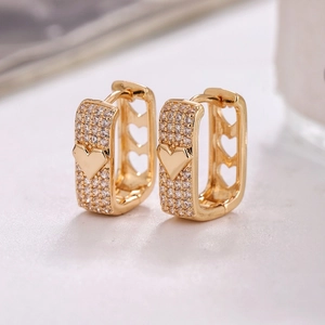 Elegant Hollow Heart Hoop Earrings Copper Zirconia Inlaid Rectangular Huggie Earrings For Women Daily Party Jewelry