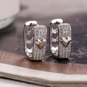 U-shaped hollow heart hoop earrings with full pave cubic zirconia and silver finish