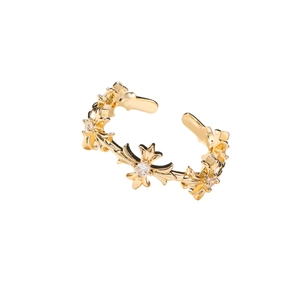 Vintage gold-plated cross ring with cubic zirconia stones and adjustable open band