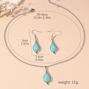 Ethnic bohemian turquoise teardrop necklace and earrings jewelry set in polished silver