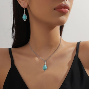 Ethnic turquoise jewelry set with water-drop pendant necklace and bohemian earrings