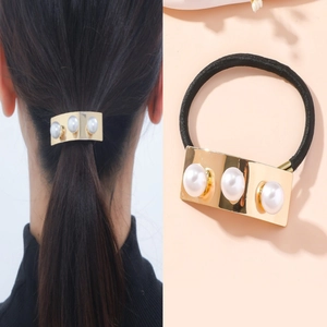 Chouchous de Künstliche Perles Élégants Avec Décor en Alliage d'Or Bandes Élastiques Support Queue de Cheval pour Femmes Accessoires Cheveux