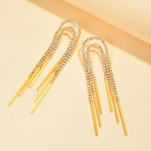 Élégantes boucles d'oreilles longues à franges dorées avec pampilles en strass brillant