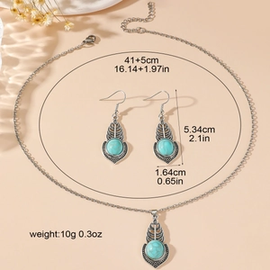 Bohemian turquoise jewelry set with teardrop earrings and leaf pendant necklace