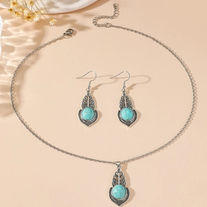 Bohemian Vintage Alloy Turquoise Jewelry Set For Women Ethnic Style Hollow Leaf Teardrop Pendant Necklace Drop Earrings Set