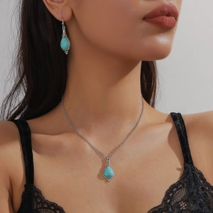Bohemian turquoise and blue crystal jewelry set with teardrop necklace and earrings