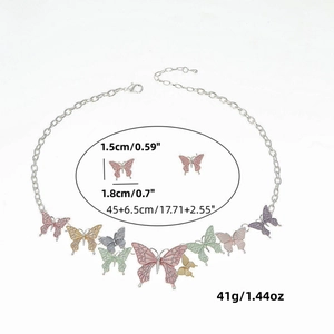 Colorful butterfly jewelry set with silver necklace and pink stud earrings for women