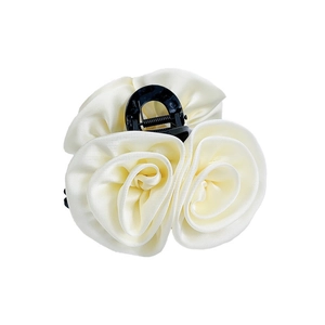 Elegant off-white satin rose flower hair claw clip with black shark clip for women