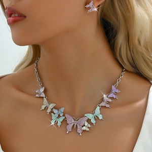 Colorful Butterfly Flower Jewelry Set Alloy Enamel Butterfly Necklace Stud Earrings Sweet Fashion Jewelry Set For Women