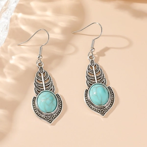 Bohemian silver drop earrings with turquoise stones and vintage floral hollow designs