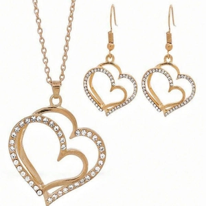 Vintage heart jewelry set with sparkling rhinestones necklace and hook earrings in gold