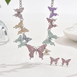 Colorful butterfly necklace and earring set in vibrant enamel and silver chain