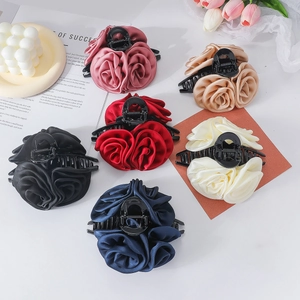 Handmade Rose Flower Hair Claw Chiffon Fabric Large Shark Clip Elegant Hair Catch Barrette For Women Girls Hair Accessory