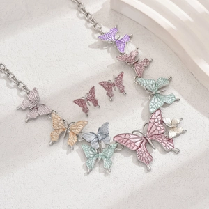 Colorful butterfly necklace and earring jewelry set with vibrant enamel butterfly charms