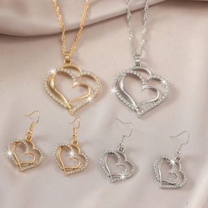 Women's vintage heart jewelry set with alloy diamond necklaces and matching earrings