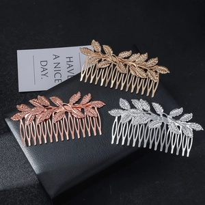 Three elegant leaf-shaped hair side combs in gold, silver and rose gold metallic finishes