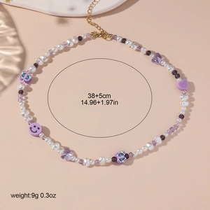 Collier Y2K perles colorées smiley et cœur avec perles blanches, longueur 38+5cm