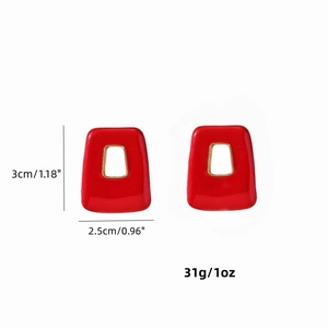 Elegant red enamel hollow rectangular drop earrings with gold metal edges and silver pins