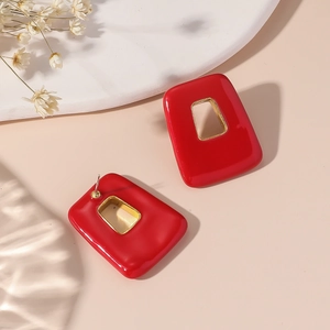 Vintage red geometric enamel earrings with gold square accent and S925 silver needles