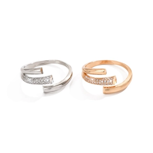 Adjustable open ring set with micro-pave cubic zirconia in silver and rose gold tones