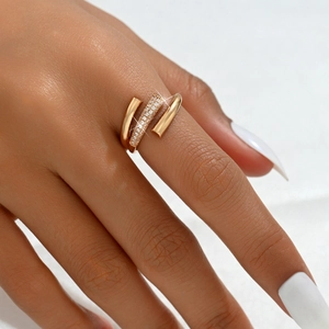 Three-layer wrap gold open ring for women with micro-set cubic zirconia accents