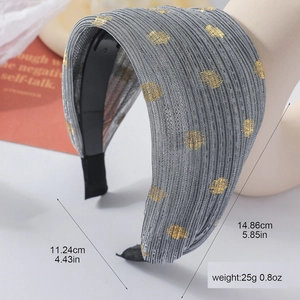 Serre-tête large en maille grise avec pois dorés et dents antidérapantes pour femme