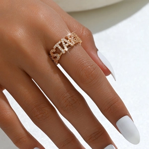 Adjustable gold plated SISTA letter ring with micro-paved cubic zirconia for women