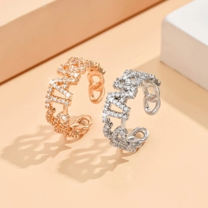 Adjustable hollow chain ring set with STARS letters and micro-inlaid rhinestones