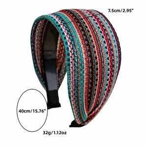Ethnic style woven wide headband with colorful geometric stripes and non-slip lining
