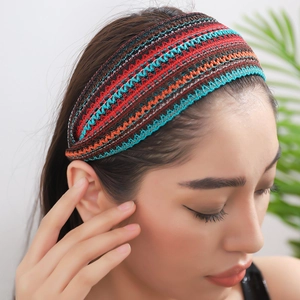 Bohemian wide woven headband with colorful geometric patterns for a stylish summer look