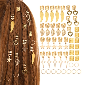 Gold Alloy Braid Accessories Set Leaf Feather Star Heart Pendants Hollow Metal Hair Rings For Braid Hair Clips Jewelry