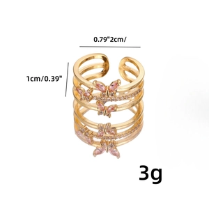 Double-layered gold butterfly ring with pink zircon crystals and adjustable open band