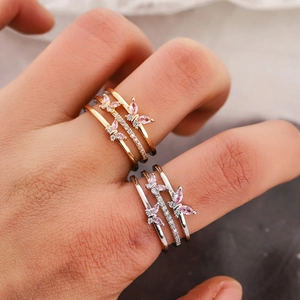 Double-layer butterfly zircon ring for women with pink gems and gold silver finish
