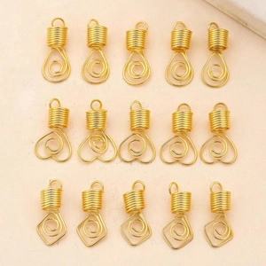 15-piece golden DIY dreadlock hair rings set with spring heart and square charms