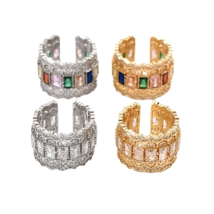 Bague ouverte luxueuse en cuivre sertie de zircons colorés en or et en argent