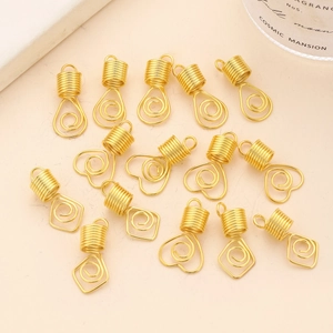 Golden DIY hair braid rings featuring heart and teardrop shapes with spiral metal spring clips