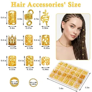 Parure de 220 bijoux pour dreadlocks dorés avec anneaux et pendentifs feuilles en boîte