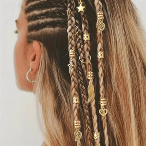 45-piece gold hair accessory set featuring leaf, star and feather charms for braids