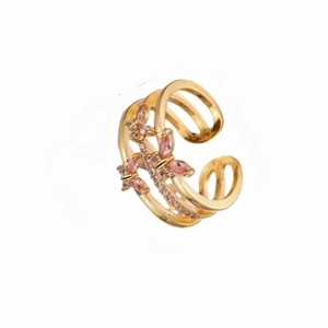 Detail of double-layer butterfly ring with sparkling pink zircons and gold plating